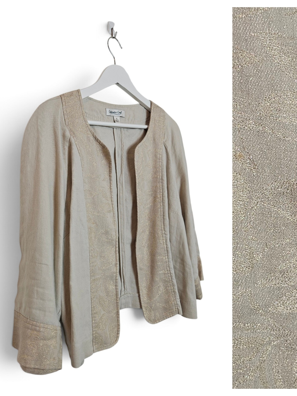 Coldwater Creek Linen Bolero Jacket XL Gold Metallic Brocade Trim Beige Elegance